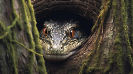 Close up of a monitor lizard looking out of a hole in a treeの素材