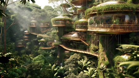 a fantasy rainforest with a wooden bridge.の素材