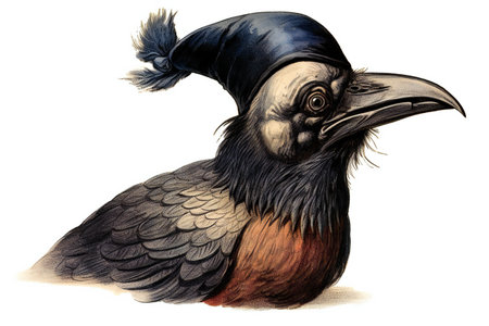 Illustration of a crow in a hat on a white background.の素材