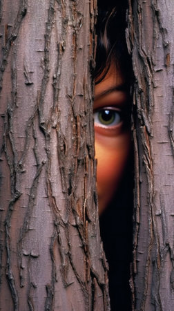 Young woman peeking out of a hole in the bark of a treeの素材