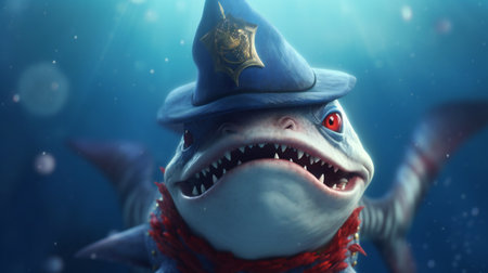 Shark in a hat and a red scarf.の素材