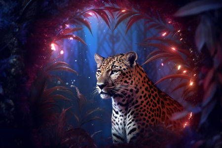 Leopard in a dark forest with red lights.の素材