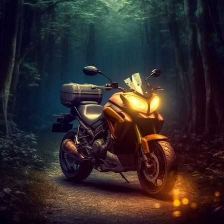 Motorcycle on the road in the dark forest.の素材