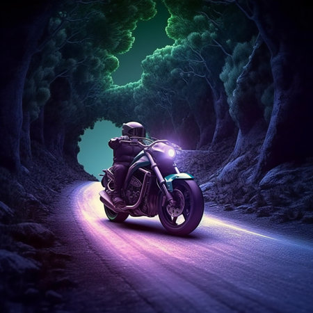 Motorcycle on the road in the forest.の素材