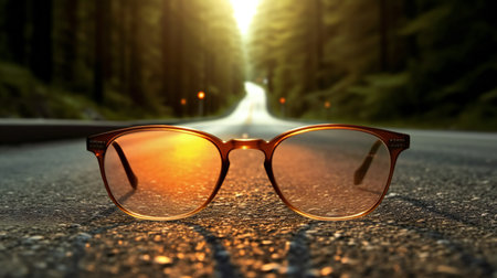 Glasses on the road in the forest at sunset.の素材