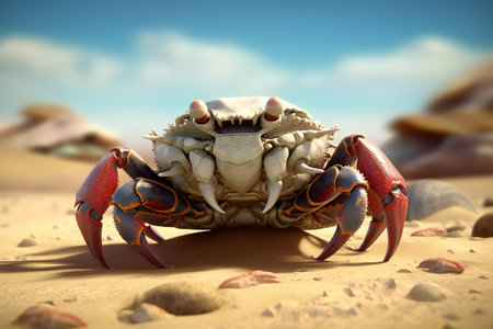Crab on the beach, close-up, blue sky backgroundの素材