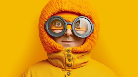 Portrait of a boy in a yellow hoodie and glasses on a yellow backgroundの素材