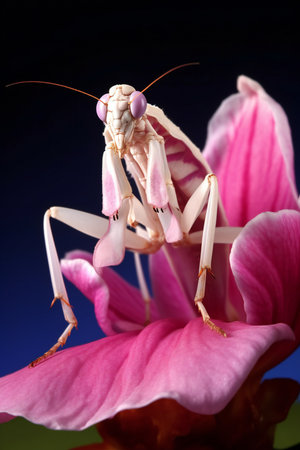 Praying mantis on a pink flower. Macro photography.の素材
