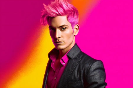 Portrait of a handsome young man with pink hair. Men's beauty, fashion.の素材