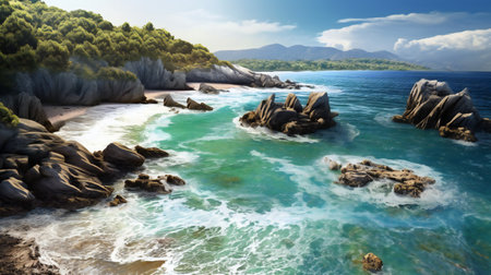 Beautiful seascape with rocks and blue sea. Panoramaの素材