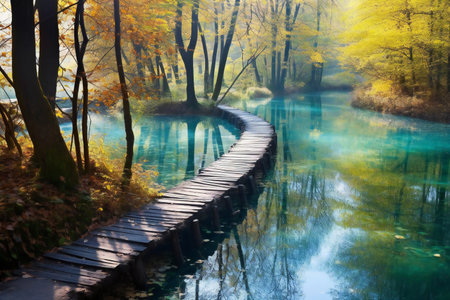 Wooden walkway in the autumn forest with reflection in the lakeの素材