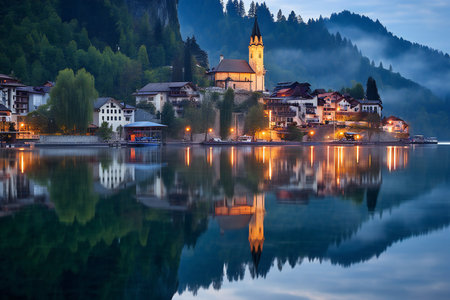 Hallstatt village and Hallstatter See lake in Austria.の素材