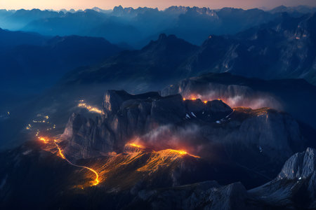Mountain landscape at night with bright lights. Dolomites, Italyの素材
