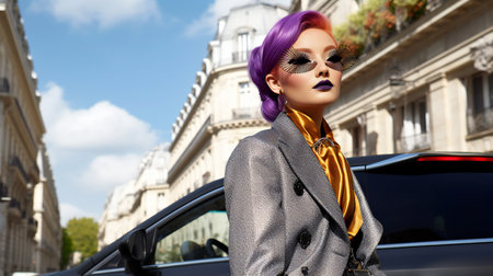 Fashionable young woman with purple hair and sunglasses in Paris, Franceの素材