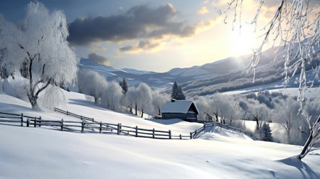 Winter landscape with a wooden house in the mountains at sunset. Panoramaの素材