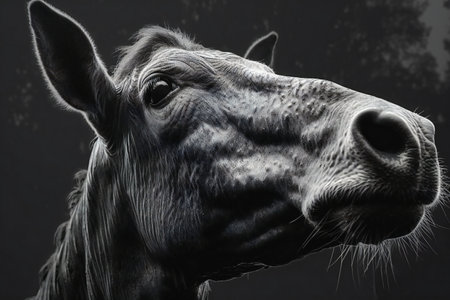 Close-up portrait of a horse on a dark background. Monochrome image.の素材