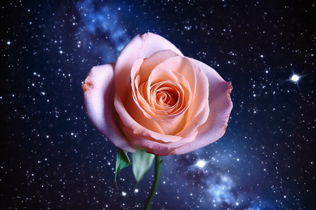 Beautiful pink rose on the background of the starry sky.の素材