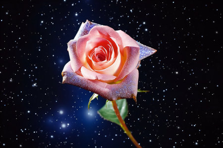 Beautiful rose on the background of the night sky with stars.の素材