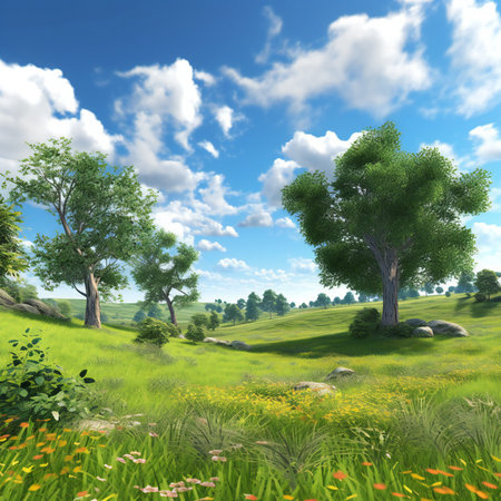 Green meadow with trees and blue sky with clouds.の素材