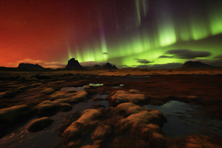 Northern lights over the sea. Fantasy landscape.の素材
