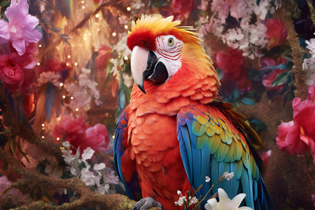 Colorful macaw parrot sitting on a branch with flowers.の素材