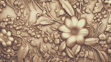 Vintage floral background with flowers, leaves and berries in sepia toneの素材