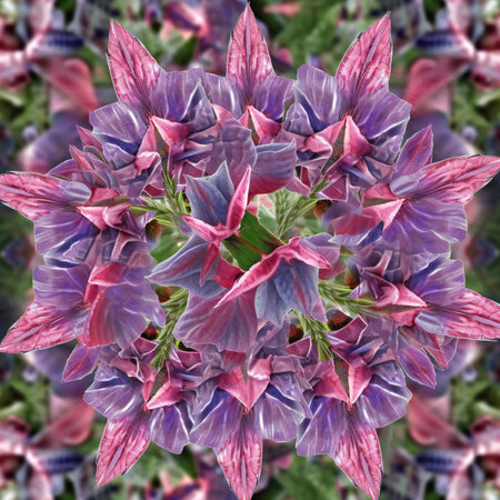 Illustration of a fractal background with pink and blue flowers.の素材