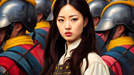 Portrait of a young asian woman in red and blue uniformの素材