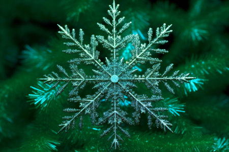 snowflake on the branches of a Christmas tree close-upの素材