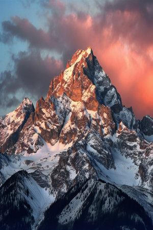 Mountain landscape with snow covered peaks at sunset. Caucasus Mountains, Georgia, region Gudauri.の素材