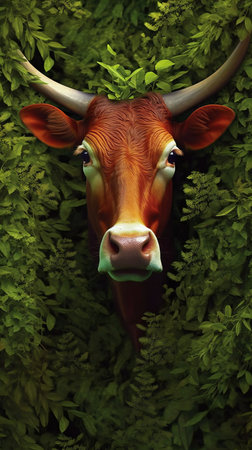 Cow in the green forest. Conceptual image of animal and nature.の素材