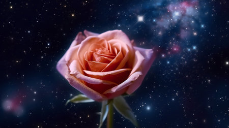 Pink rose on the background of the night sky with stars and spaceの素材
