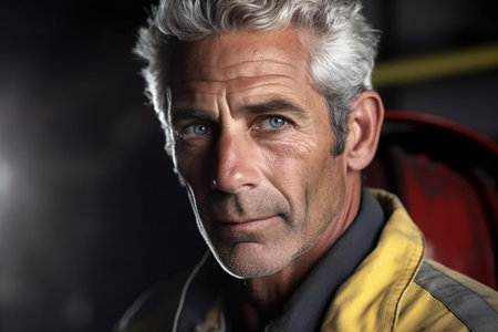 Portrait of a senior man working in the fire department, looking at the camera.の素材