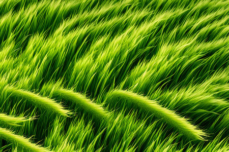 Green rice field background. Close up of green rice field texture.の素材
