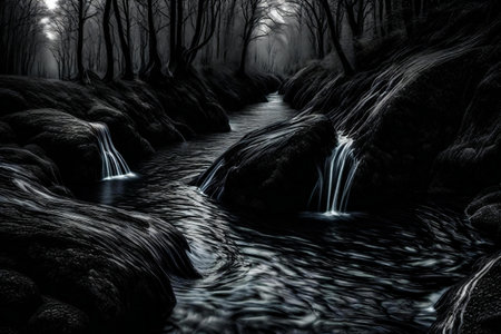 Fantasy landscape with a waterfall in a dark forest.の素材