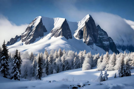 Mountain landscape with snow covered peaks and coniferous forest.の素材