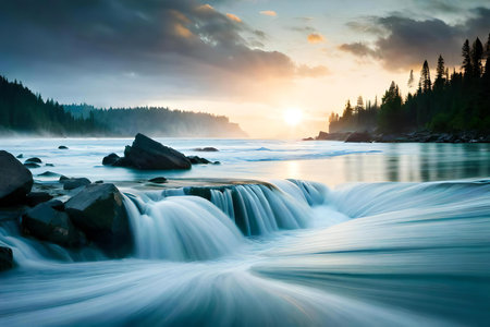 Mountain river flowing through the forest at sunset. Dramatic scene.の素材