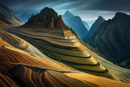 a fantasy terrain with mountains in the background.の素材