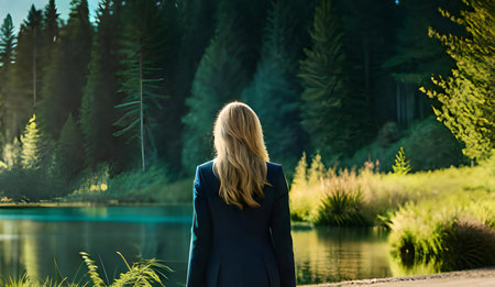 Back view of young woman in blue dress standing near lake at sunsetの素材