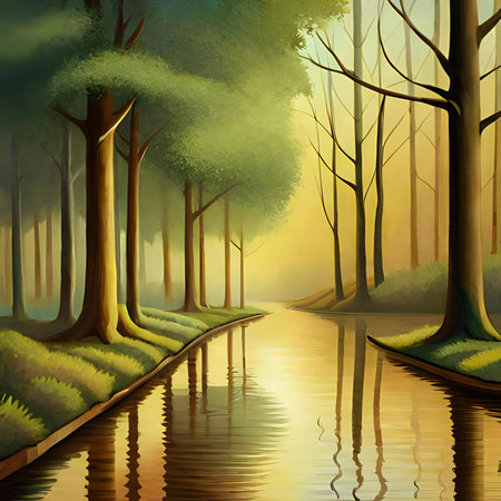 Illustration of a forest with a river and a reflection in the waterの素材