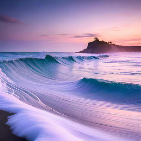 Beautiful seascape with turquoise ocean wave. Colorful sunset on the beachの素材