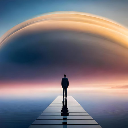Conceptual business man standing on a pier over water and sunset backgroundの素材