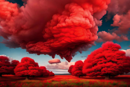 Fantasy landscape with red trees in the field and clouds in the skyの素材