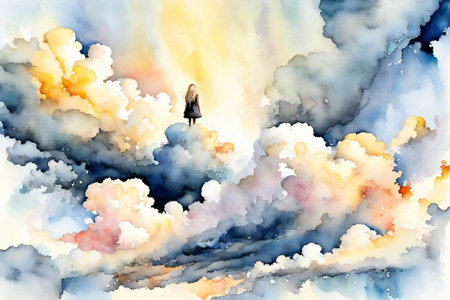 Watercolor illustration of a woman standing in the sky with clouds.の素材