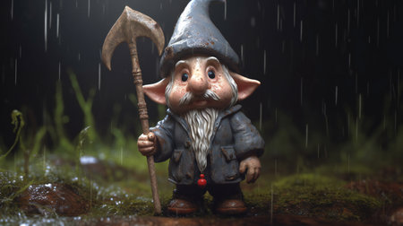 Porcelain figurine of a gnome with an ax in the rainの素材