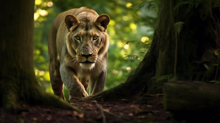 Lioness in the forest. Wildlife scene from nature. Beautiful lioness in the forest.の素材