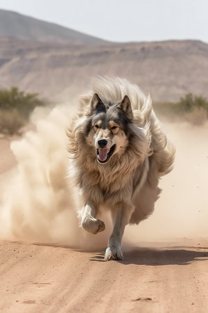 Portrait of an Australian Shepherd running on the sand in the desertの素材