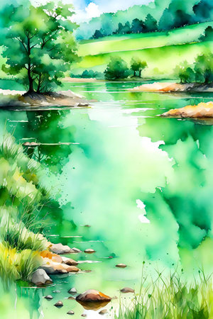 Watercolor summer landscape with green trees and lake. Hand drawn illustrationの素材