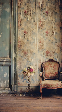 Vintage interior with old armchair and flowers. Photo in old color image styleの素材