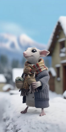 Christmas and New Year. A little funny pig in a warm knitted sweater stands in the snow against the background of the village.の素材
